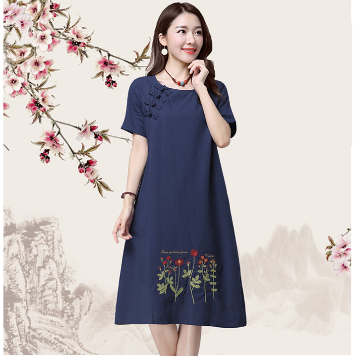 ĐẦM JEAN SUÔNG FORM A ĐÍNH NÚT TÀU THÊU HOA - NJ2814